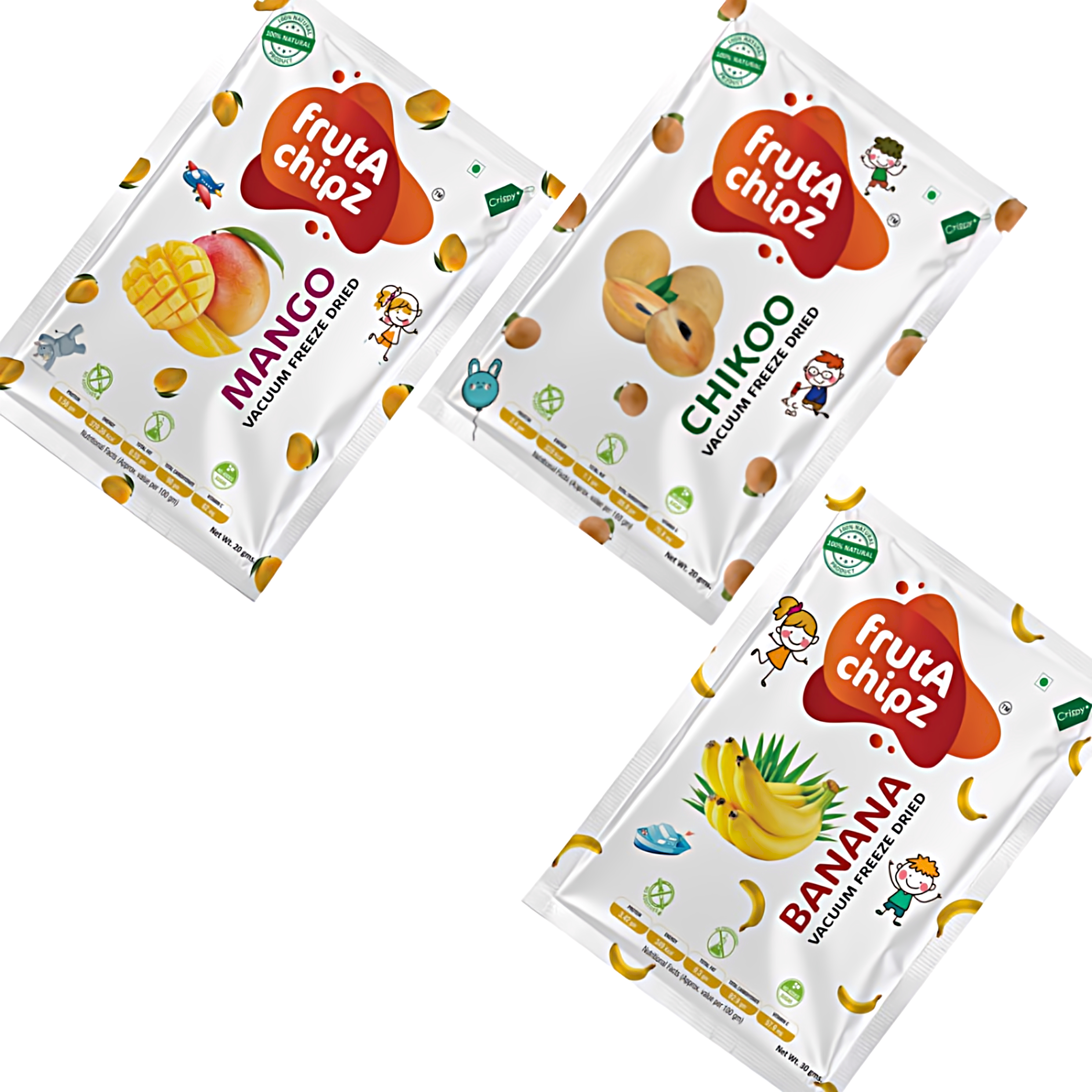 frutA chipZ Freeze Dried  Fruit Mango 20 Gms/ Banana 30 Gms/ Chikoo 20 Gms  | 100% Natural | Healthy Fruit Chips | Ready to EAT | Crunchy |