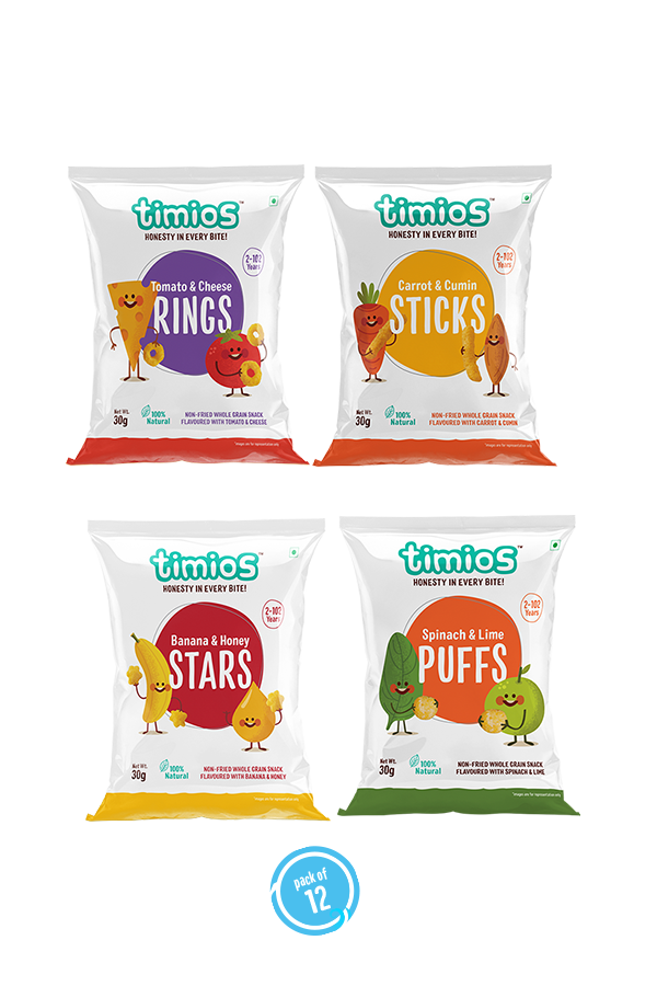Snacks Mix Flavours Pack of 12 | Banana and Honey -3, Carrot and Cumin -3, Tomato and Cheese