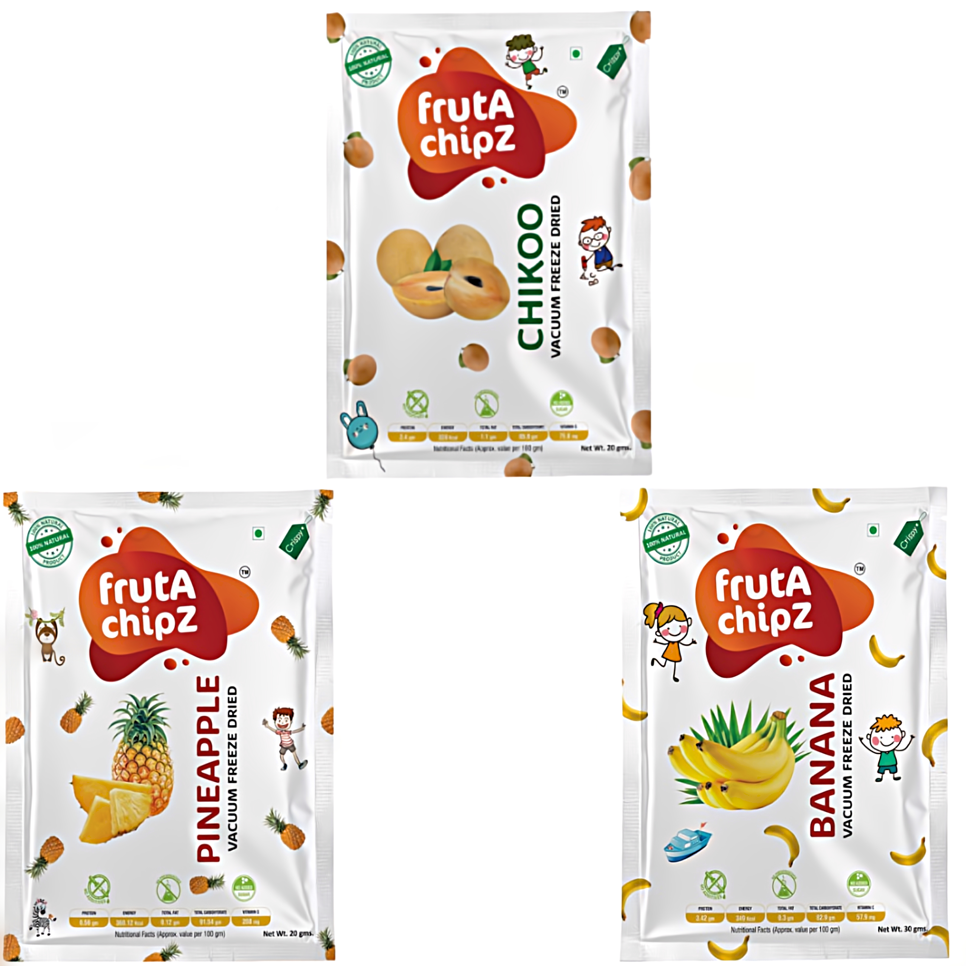 frutA chipZ Freeze Dried  Banana 30 Gms/ Chikoo 20 Gms/ Pineapple 20 | 100% Natural | Healthy Fruit Chips | Ready to Eat | Crunchy |