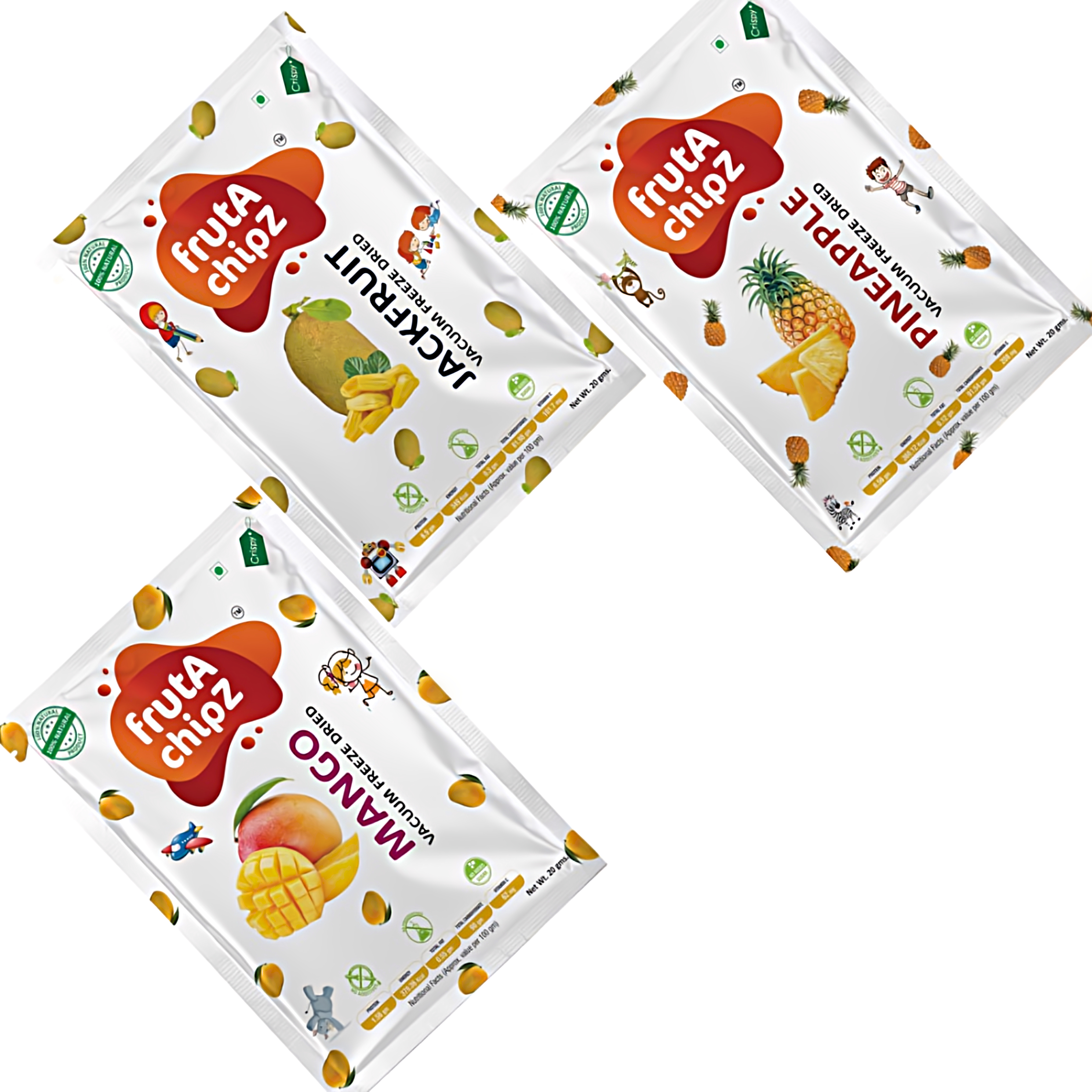 frutA chipZ Freeze Dried Fruit Mango 20 Gms/ Pineapple 20 Gms/ JackFruit 20 Gms | 100% Natural | Healthy Fruit Chips | Ready to Eat | Crunchy |