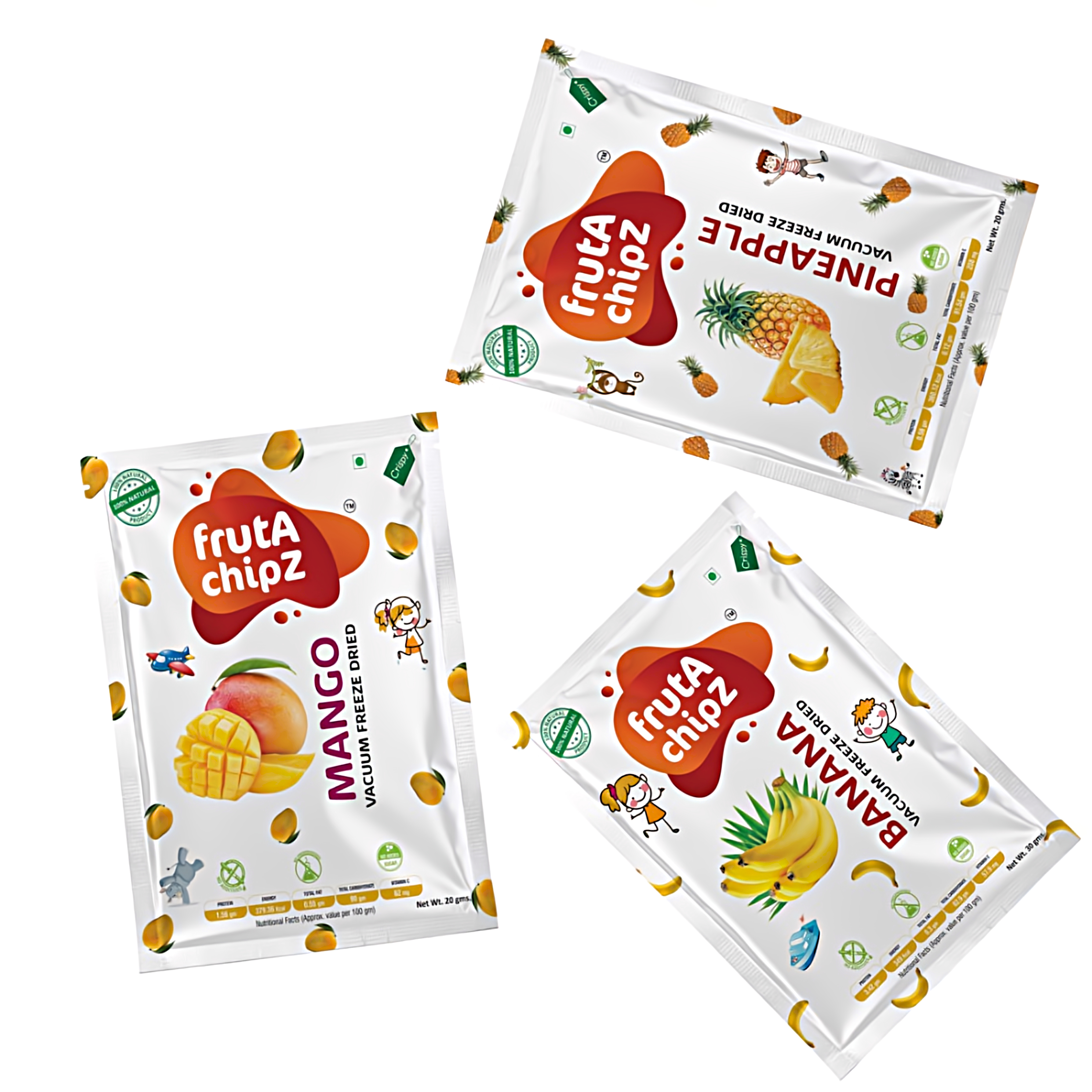 frutA chipZ Freeze Dried Fruit Mango 20 Gms/ Banana 30 Gms/ Pineapple 20 Gms | 100% Natural | Healthy Fruit Chips | Ready to EAT | Crunchy |