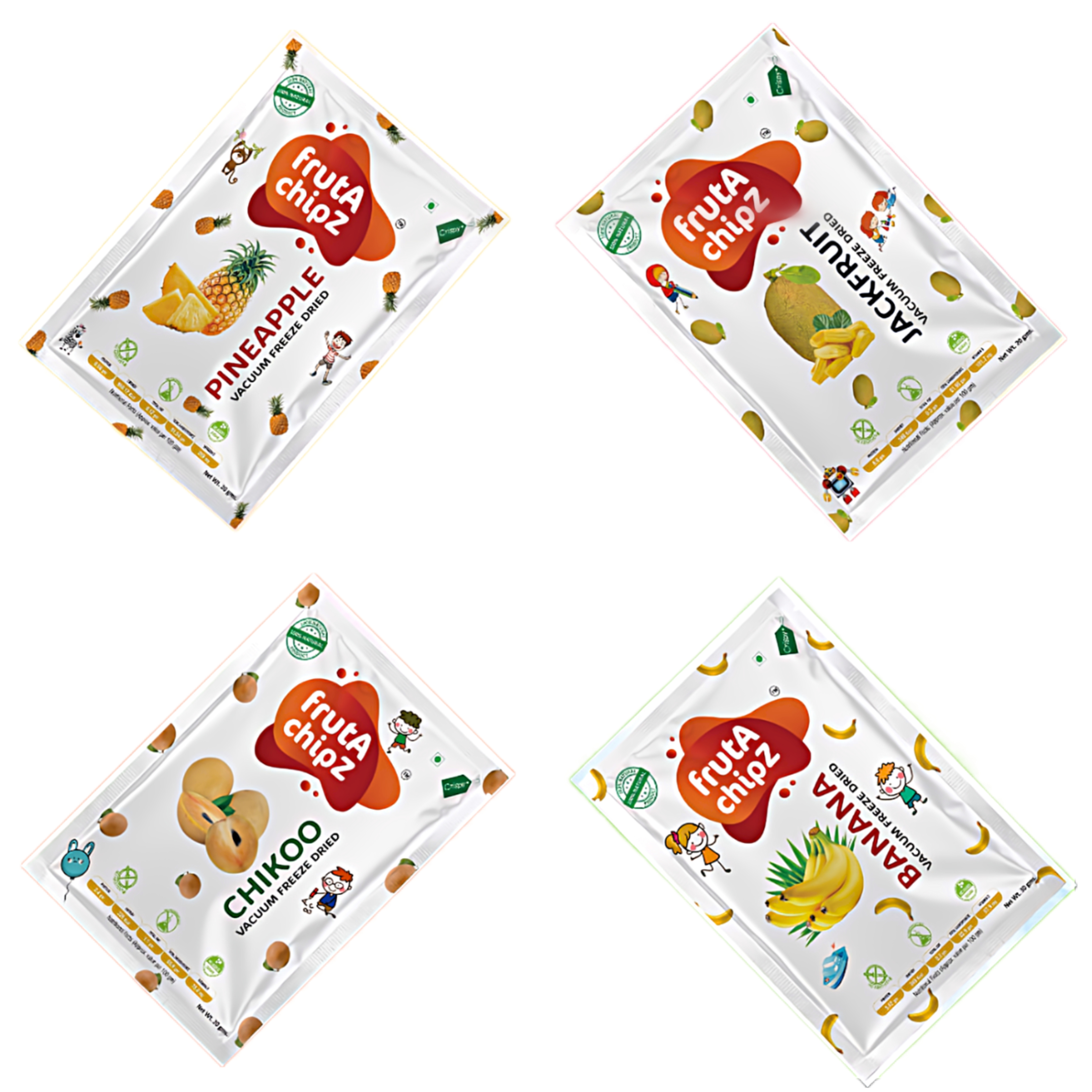 frutA chipZ Freeze Dried Chikoo 20 Gms/ Banana 30 Gms/ JackFruit 20 Gms/ Pineapple 20Gms | 100% Natural | Healthy Fruit Chips | Ready to Eat | Crunchy |