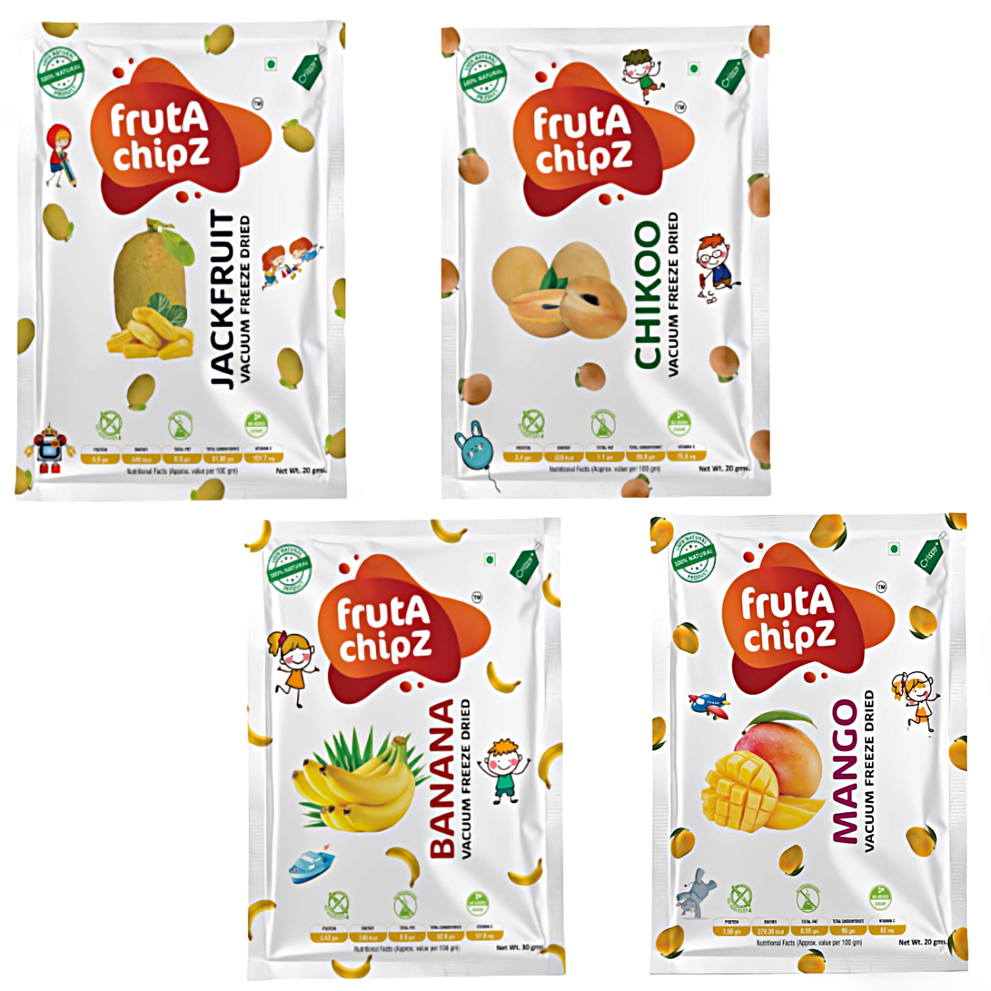 frutA chipZ Freeze Dried Chikoo 20 Gms/ Banana 30 Gms/ JackFruit 20 Gms/ Fruit Mango 20Gms | 100% Natural | Healthy Fruit Chips | Ready to Eat | Crunchy |