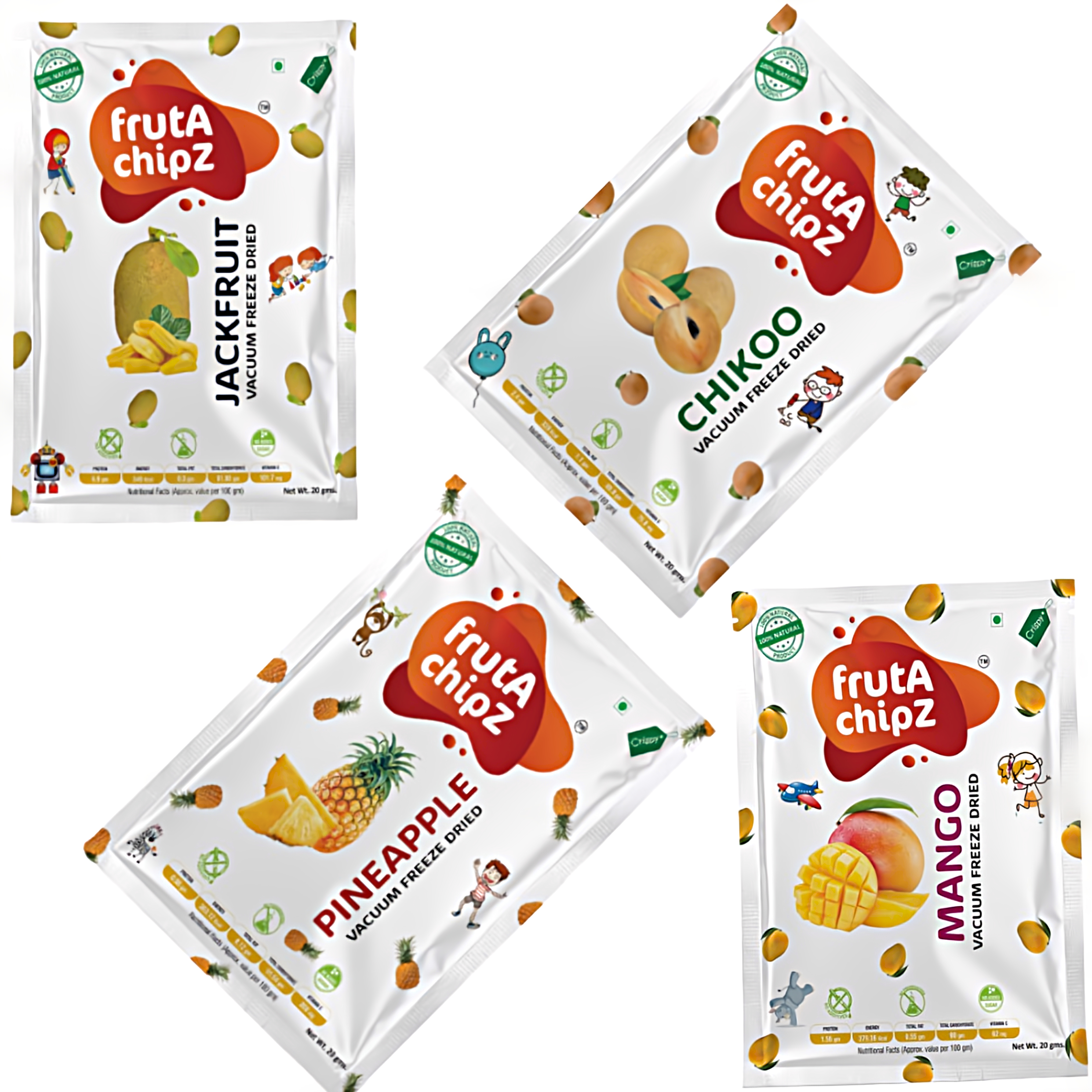 frutA chipZ Freeze Dried Chikoo 20 Gms/ Fruit Mango 20 Gms/ JackFruit 20 Gms/ Pineapple 20Gms | 100% Natural | Healthy Fruit Chips | Ready to Eat | Crunchy |