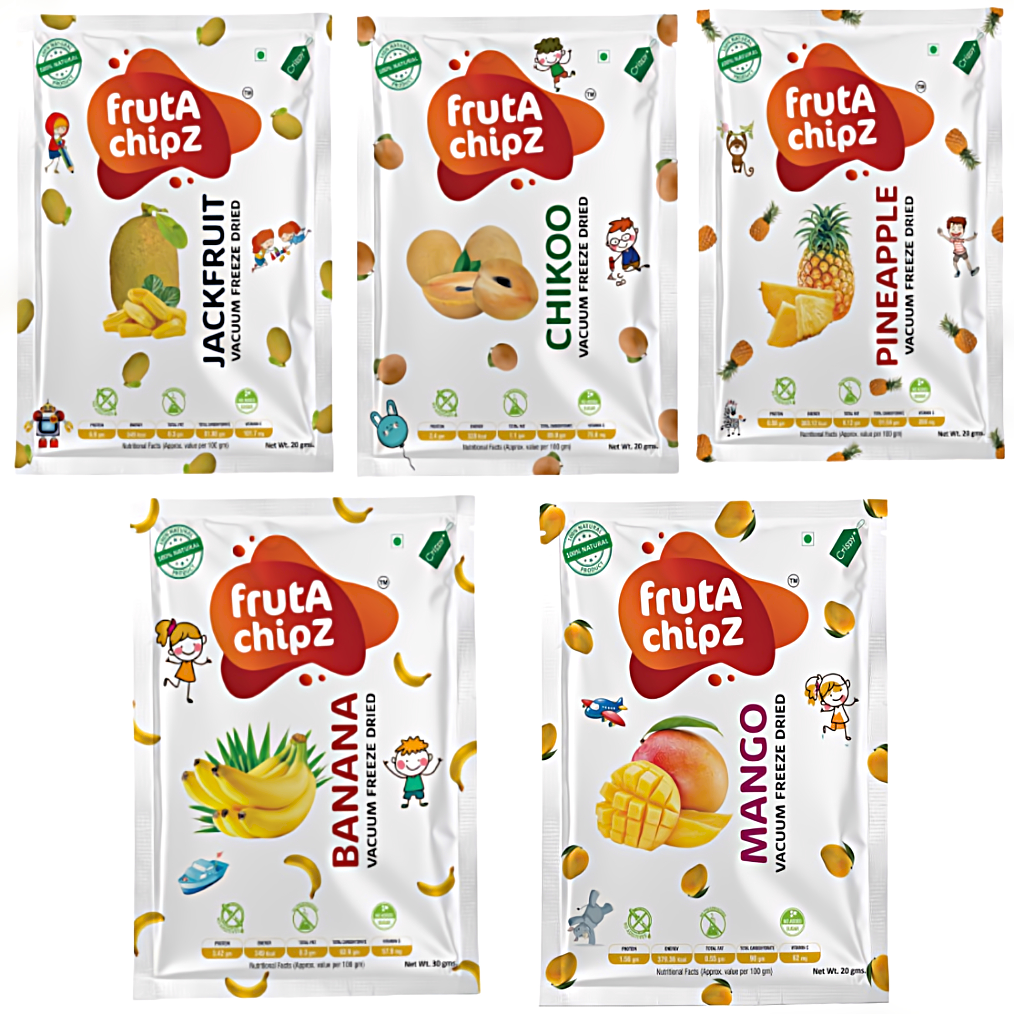 frutA chipZ Freeze Dried Chikoo 20 Gms/ Fruit Mango 20 Gms/ Banana 30 Gms/ Pineapple 20Gms/ JackFruit 20Gms | 100% Natural | Healthy Fruit Chips | Ready to Eat | Crunchy