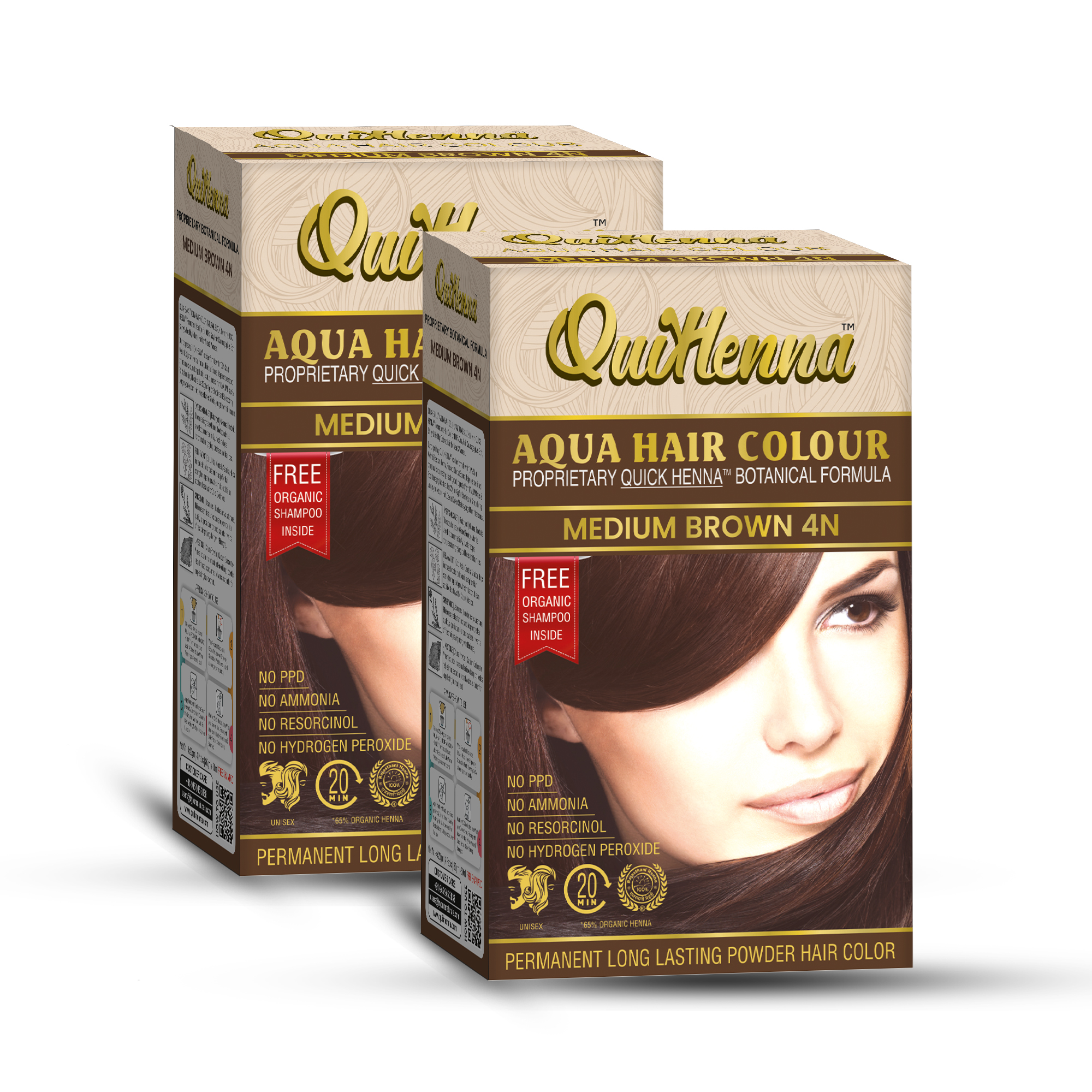 Organic Aqua Powder Hair colour- 4N Medium Brown  (Pack of 2)