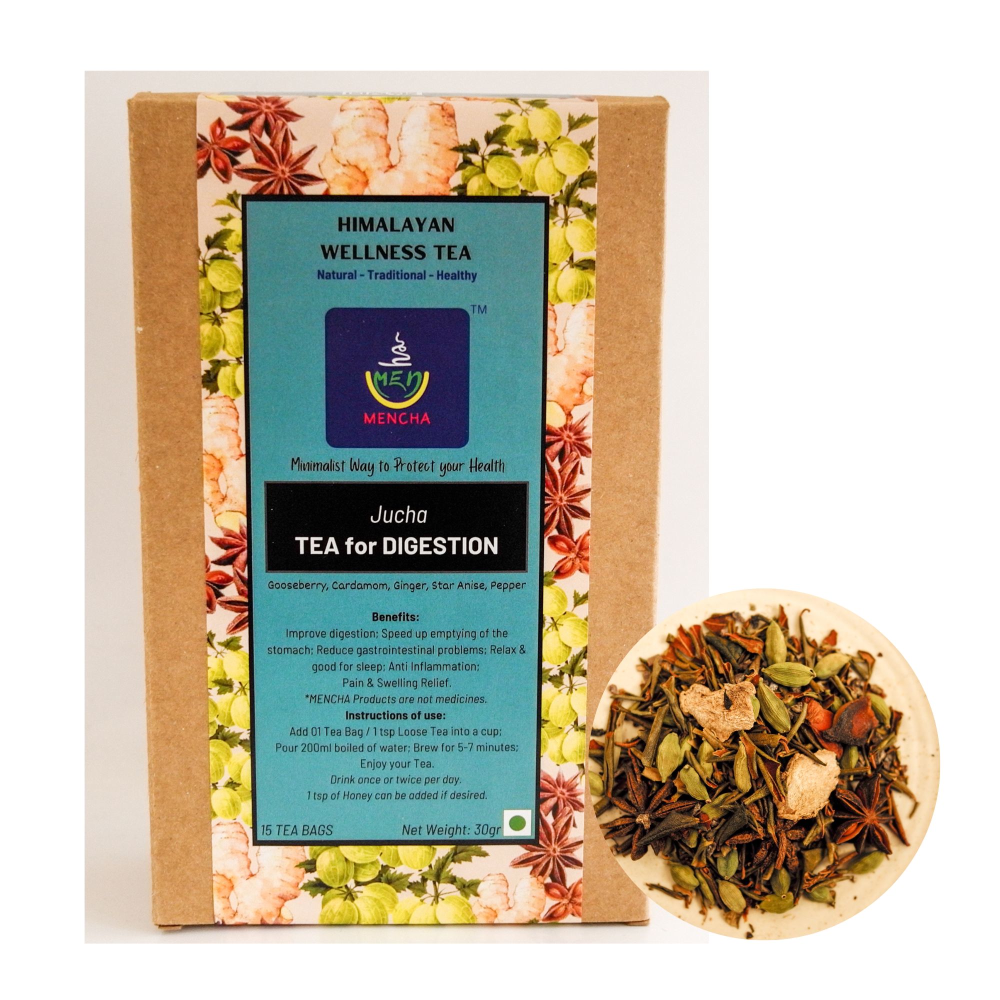 MENCHA - Digestive Tea - Handmade - Caffeine Free - Himalayan Herbs for Improve Digestion, Reduce gastrointestinal problems, Relaxation - 15 Tea Bags