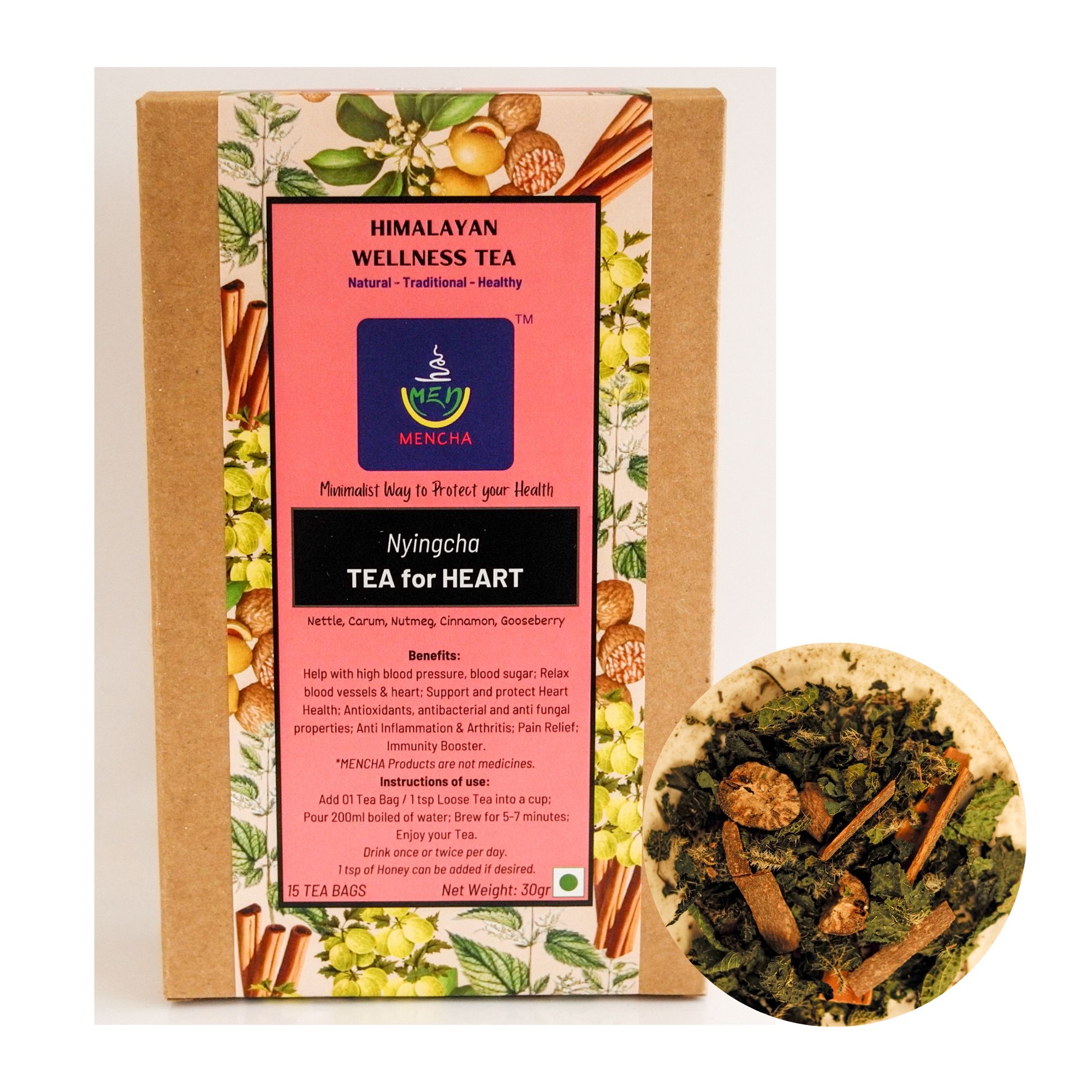 MENCHA - Heart Tea - Handmade - Caffeine Free - Himalayan Herbs for Support Heart Health, High Blood Pressure, Antioxidant - 15 Tea Bags