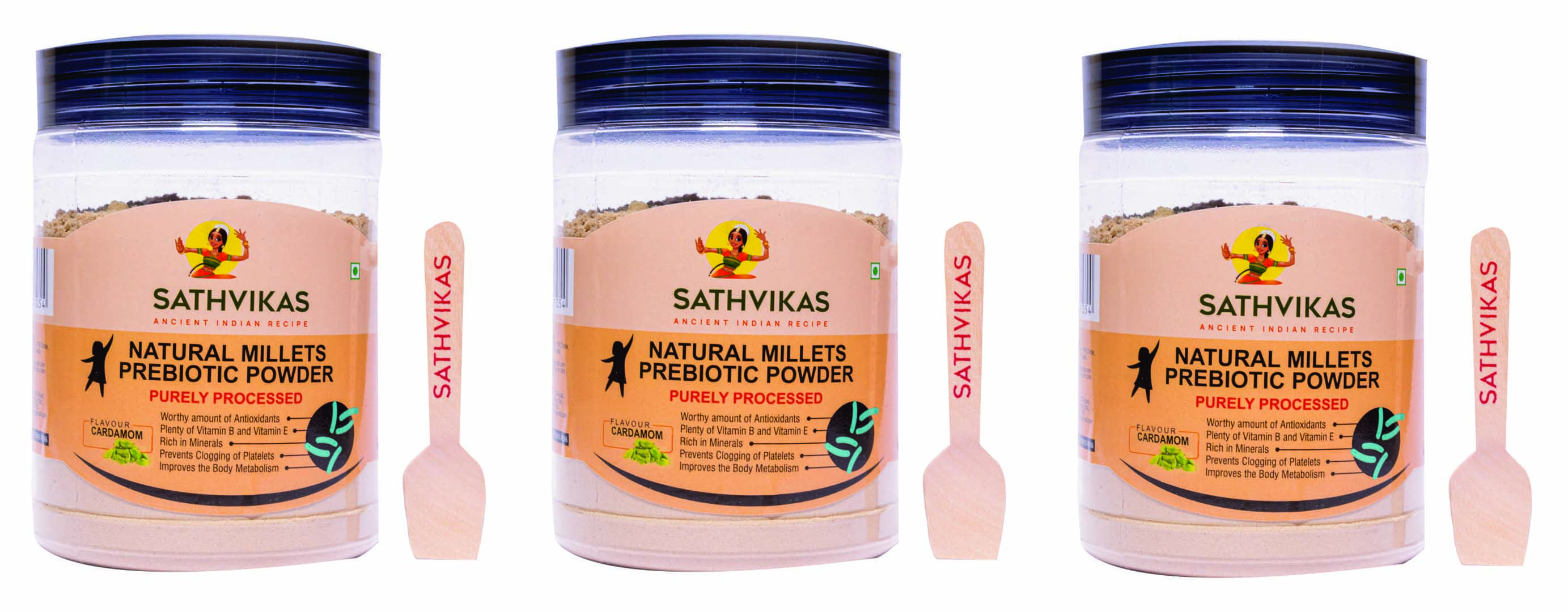 Sathvikas Natural Millets Prebiotic Powder (Cardamom Flavour) 500 Grams Pack Of 3.