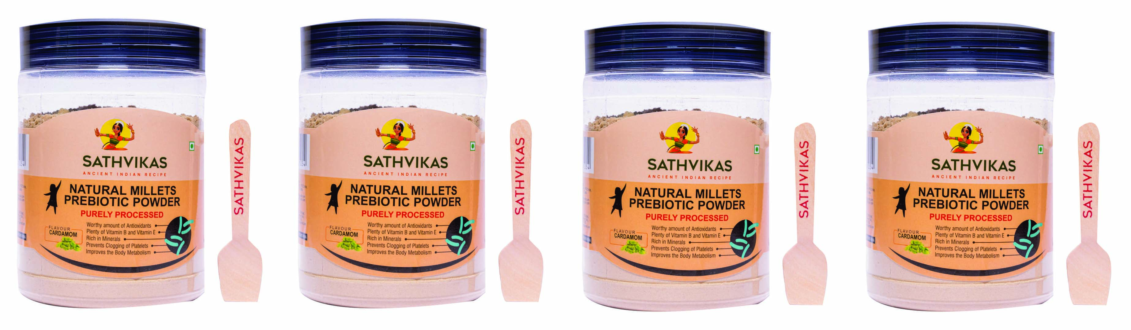 Sathvikas Natural Millets Prebiotic Powder (Cardamom Flavour) 500 Grams Pack Of 4.