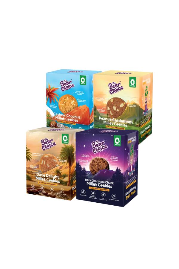 The Bettr Choice Millet Cookies Combo Pack: Dates, Cashew Coconut, Peanut Cardamom & Dark Chocolate-No Maida, Gluten Free, No Added Refined Sugar, No Trans Fat, No Wheat -Healthy Snack-4 Pack