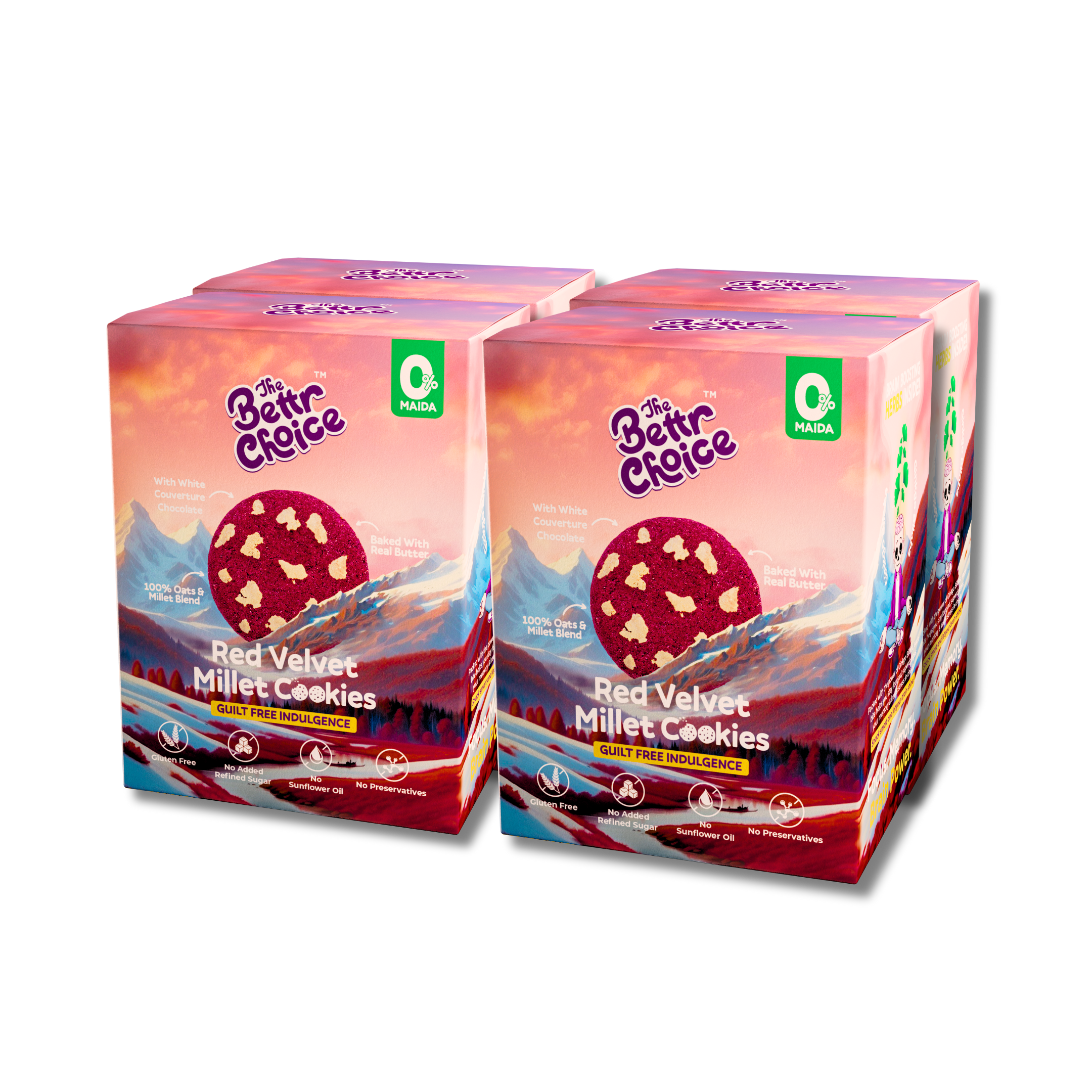 The Bettr Choice Red Velvet Millet Cookies: 100% Whole Grain Blend (Ragi & Oats), Natural Butter, Beetroot Powder, Organic Jaggery, Ginkgo Biloba, No Added Refined Sugar - Healthy Snack - 4 Pack